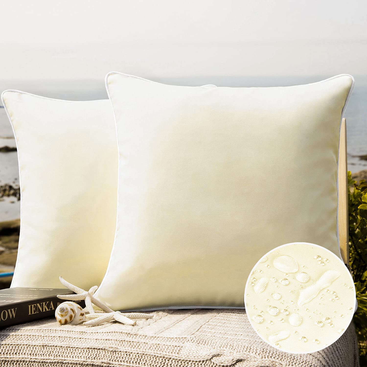 Phantoscope Pack of 2 Outdoor Waterproof Solid Throw Decorative Pillow Cover Decorative Square Outdoor Pillows Cushion Case Patio Pillows for Couch Tent (18''x18'', Cream Cheese) — image 1