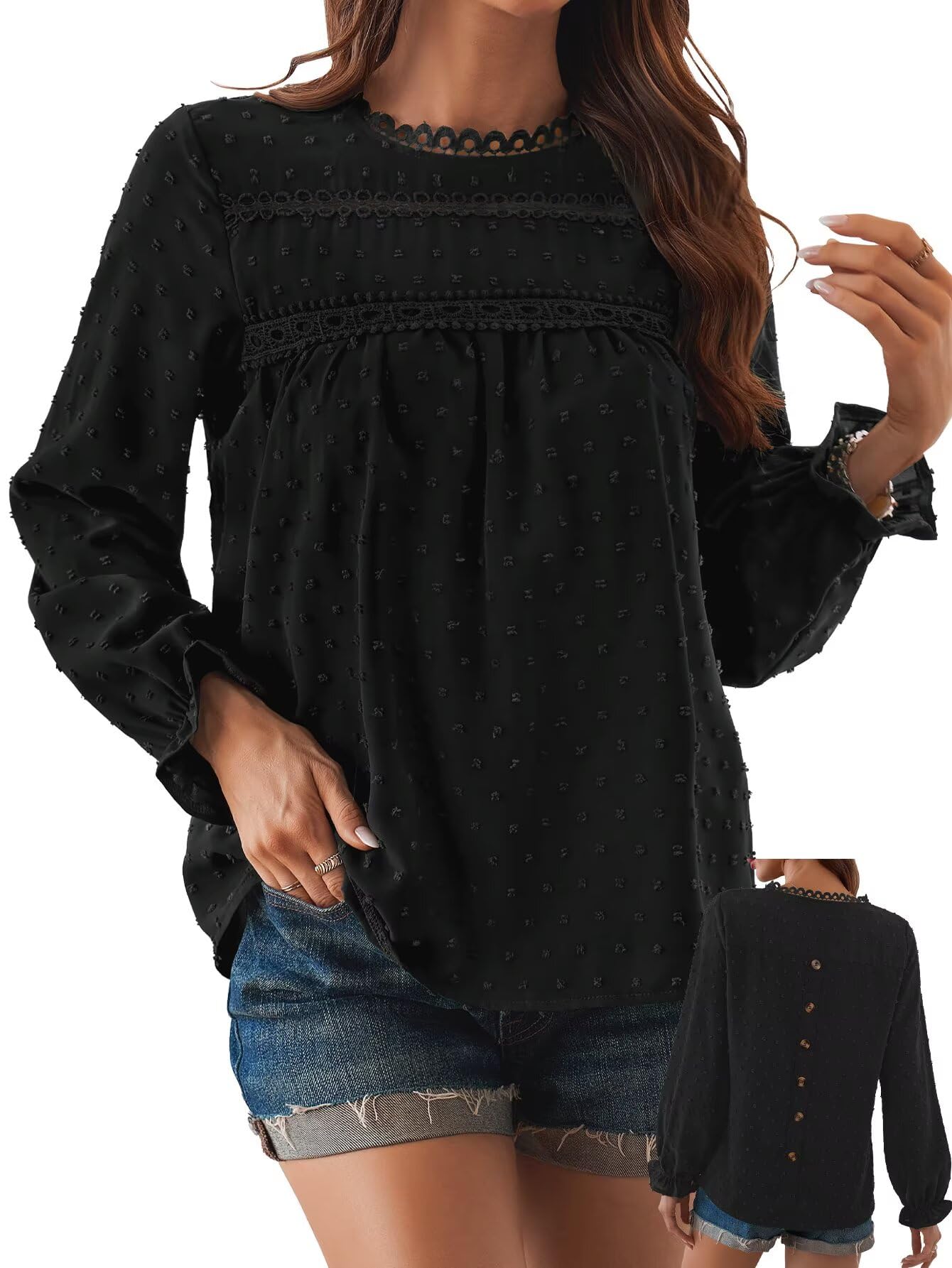 Falechay Womens Boho Tops Long Sleeve Shirts for Women Cute Crewneck Blouse Dressy Casual Swiss Dot Crochet Hollow Top 2025
