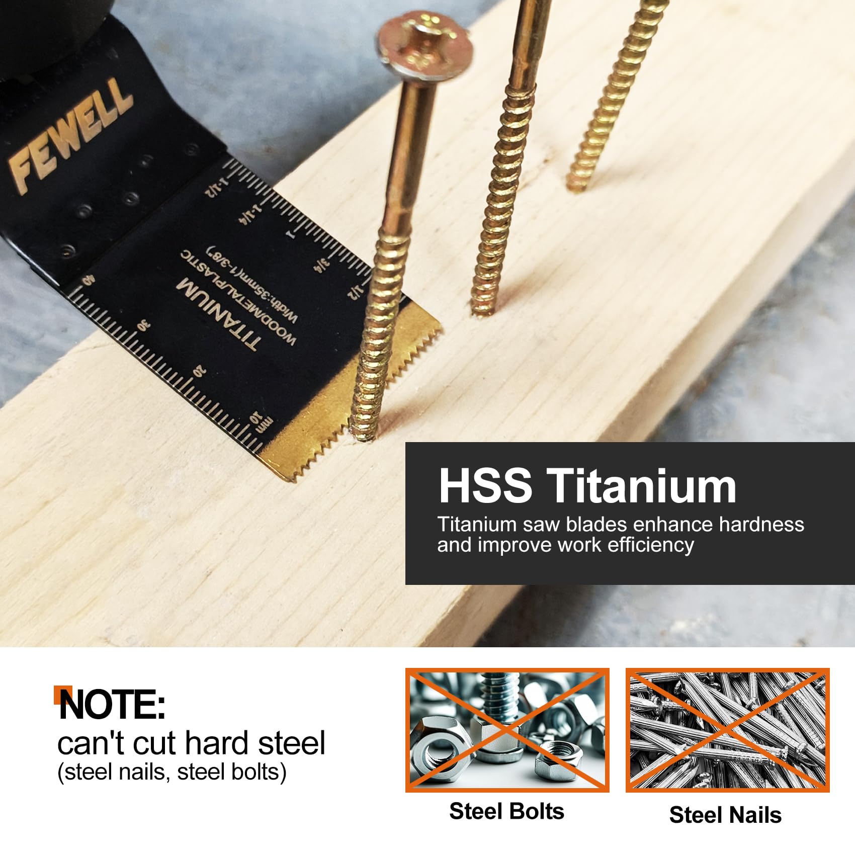 FEWELL 55 hojas de sierra oscilantes, cuchillas multiherramienta universales de titanio para materiales duros, metal, madera, plástico, clavos, hojas de sierra oscilantes de borde curvado, se adapta a