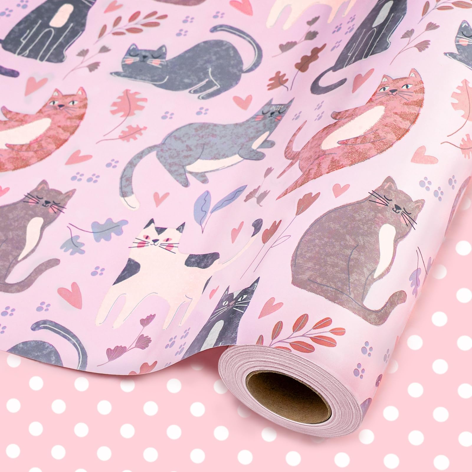 Wikadlik Pink Wrapping Paper Roll, 43cm x 10m Lovely Cats and Polka Dots Romantic Gift Wrap for Valentines Day, Wedding, Birthday, Bridal โ image 1