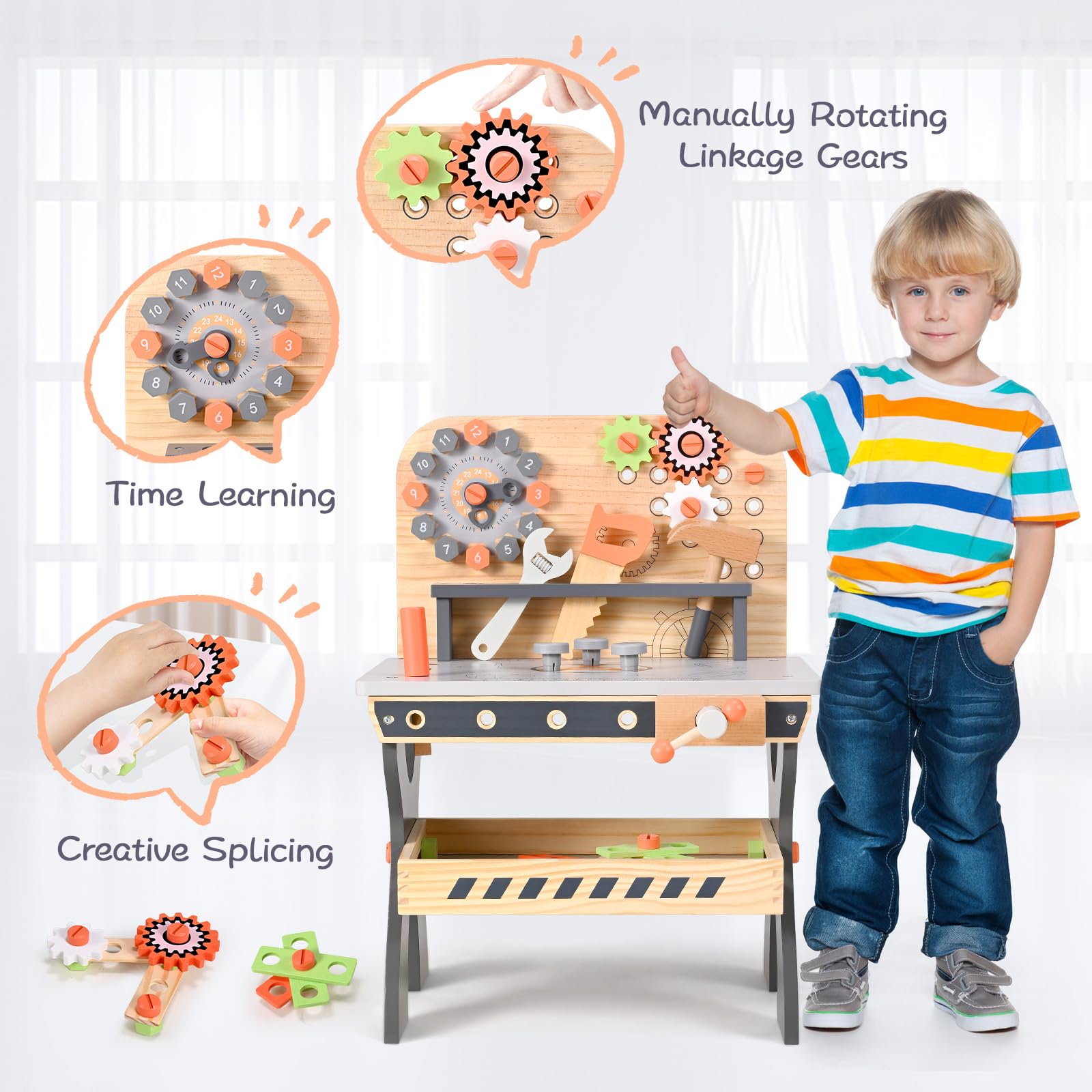 Établi en Bois pour Enfants, Outils de Jeu Banc à Outils en Bois Multifonction Maintenance des simulations Tableau d'outils de démontage des vis et écrous pour Les 3 Ans et Plus