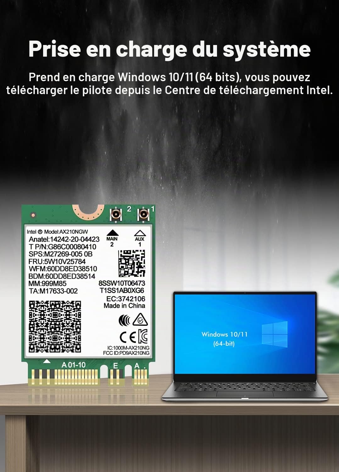 Carte sans Fil WiFi 6E Intel AX210 NGW Bluetooth 5.2 Adaptateur réseau tri-Bande 5400Mbps pour Ordinateur Portable Support Windows 10/11 (64bit) M.2/NGFF