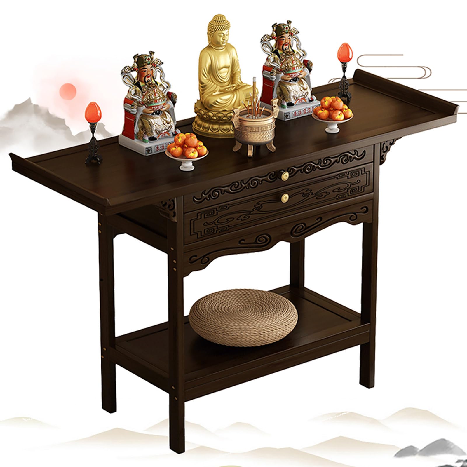 NHPJFDC Buddhist Altar Table with Storage, Meditation Altar Cabinet with Drawer, Bamboo Pooja Shrine for Home, Free Standing Chinese Table for Living Room, Office (Walnut, 19.7 * 15.7 * 39.4in)