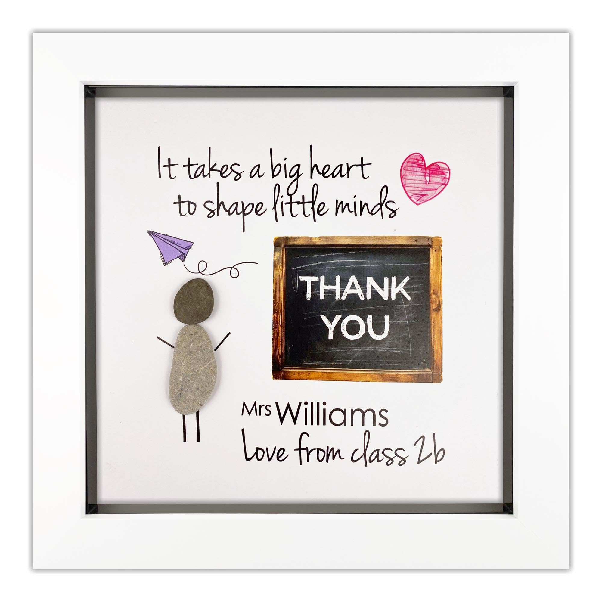 Handmade Thank You Teacher Pebble Picture Gift, Fully Personalised, 8 Inch Frame, End of Year Present, Teacher and Pupil (White Frame)