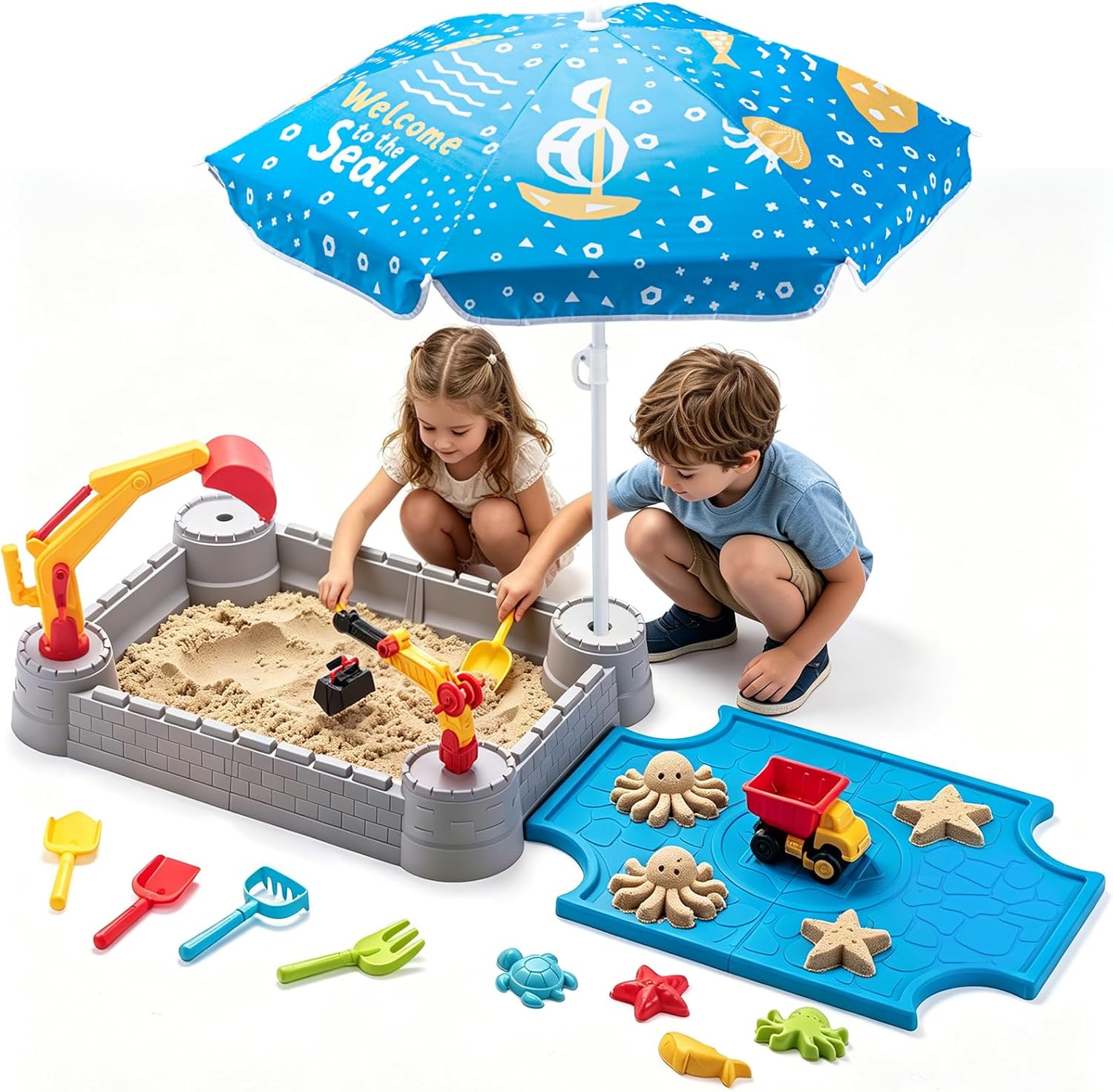 Kids Excavator Sandbox with Umbrella & Cover, Construction Sandbox Set with Beach Toys & Dump Truck, Outdoor Educational Play Set for Toddlers Ages 3-12