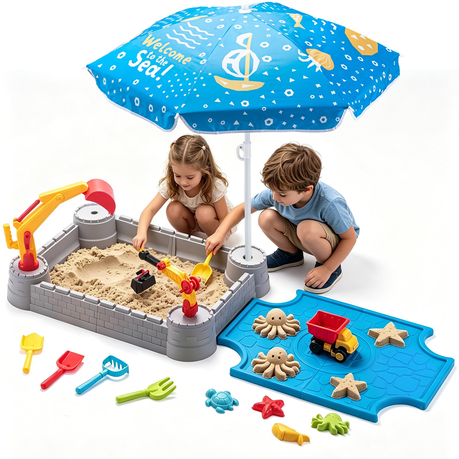Photo 1 of Hogaruly Excavator Sandbox with Lid, Umbrella, Dump Truck, and 8 Sand Toys