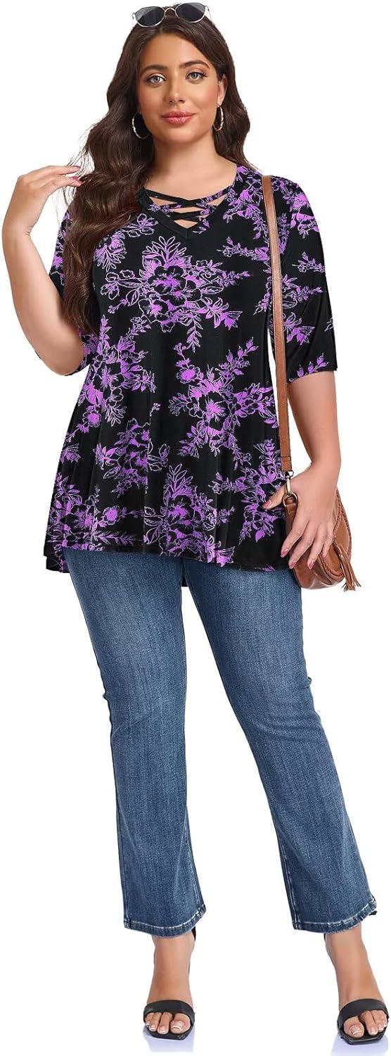 LARACE Elbow Sleeve Cross-Tie V-Neck Plus Size Tops for Women's Half Sleeves Tunic Shirts Blouse Spring Summer Fall Clothes - Image 6