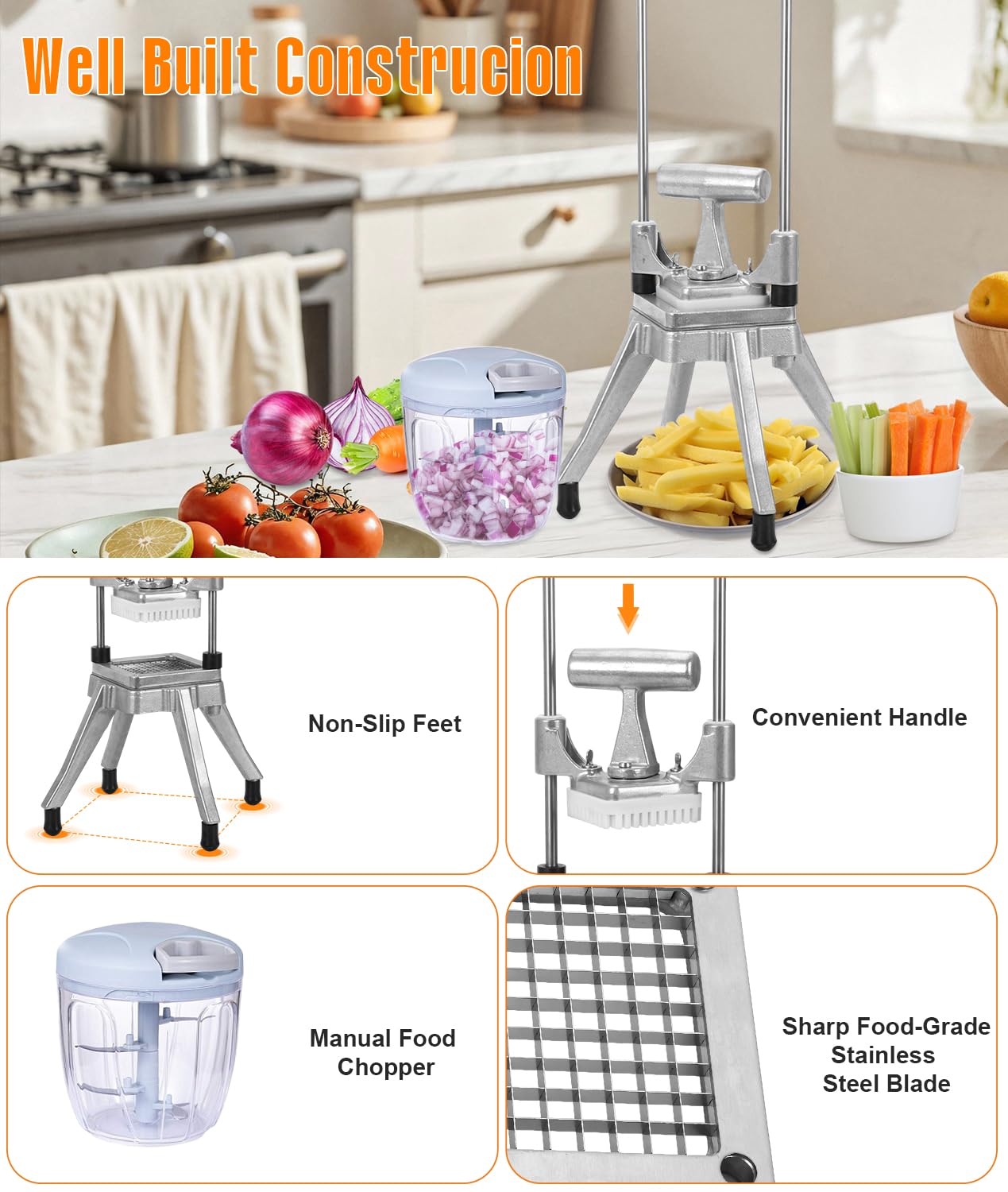 Picadora comercial de frutas de verduras de 1/4 y 3/8 pulgadas, de alta resistencia, profesional, cortador de cebolla, cortador de tomate, pimientos, patata, hongos