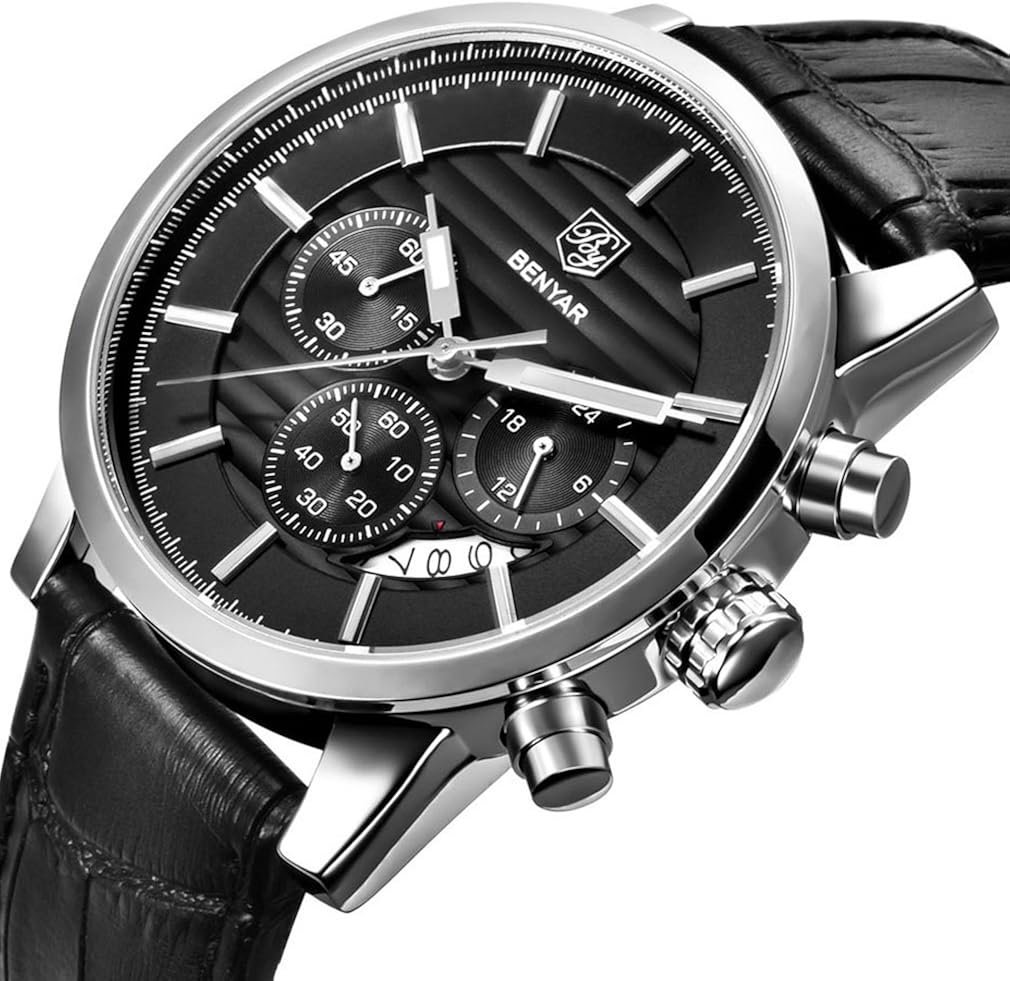 BENYAR Mens Watches Quartz Chronograph Business Brand Waterproof Wristwatches Fashion Brown Leather Watches for Men (Leather Black) - Image 3