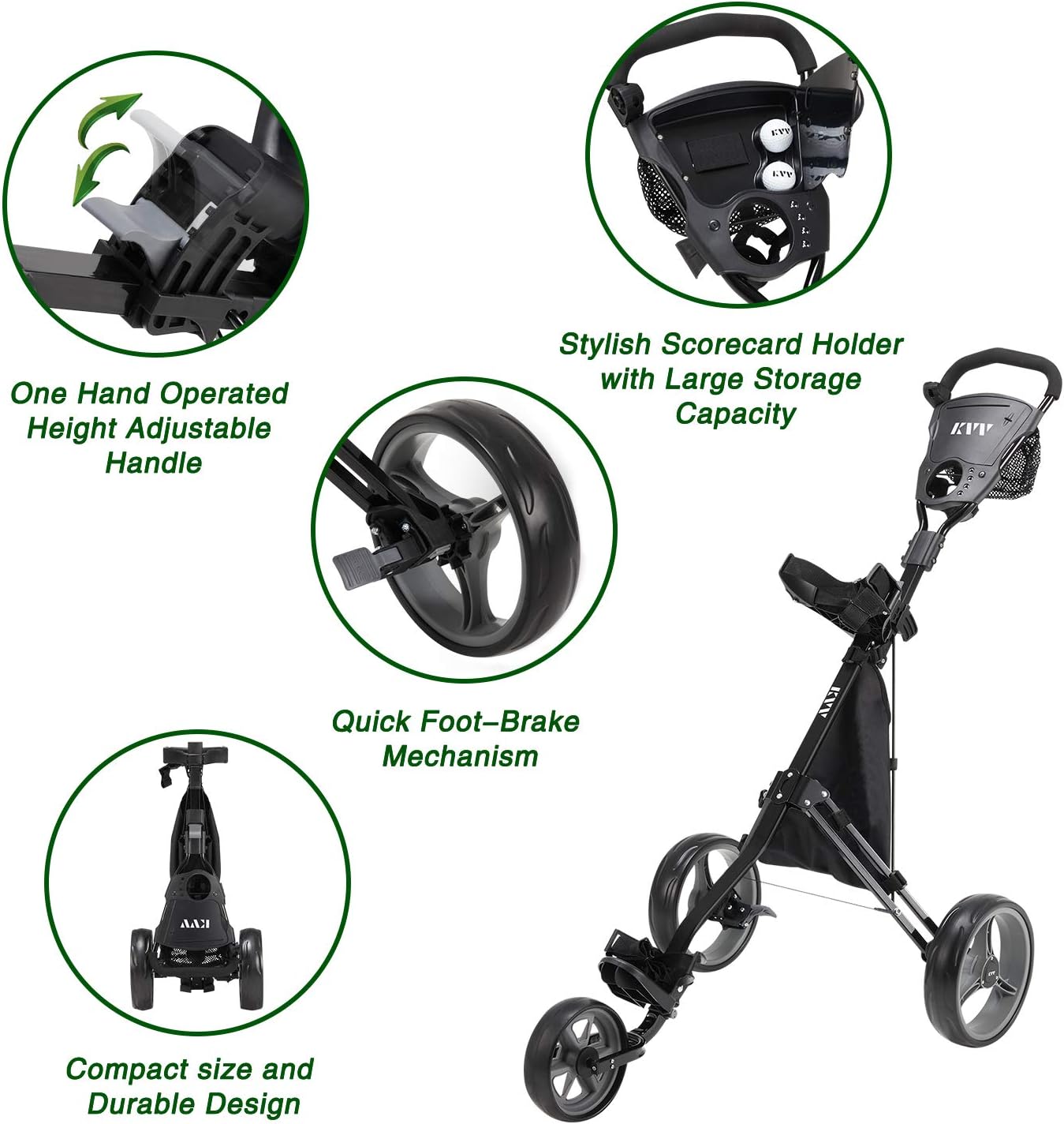KVV Foldable Lightweight 3 Wheel Golf Cart with Stylish Scorecard Holder, Storage Bag-Easy to Open and Close - Image 5