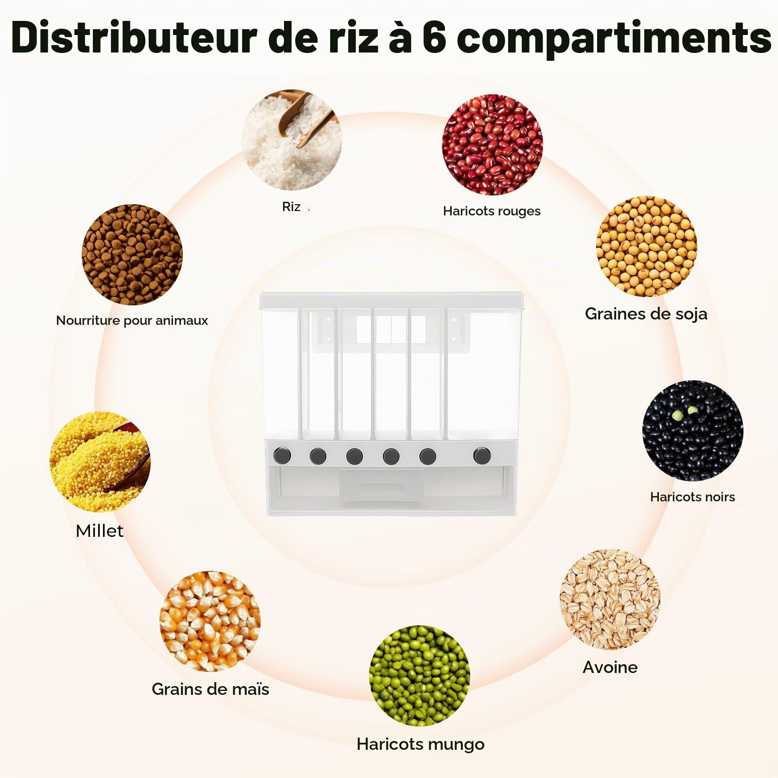 Distributeur Céréales 6 Compartiments Réservoir Alimentaire à Grains Secs avec Tasse Boîte de Rangement pour Cuisines Stockage Hermétique pour Salles à Manger, Garde-manger