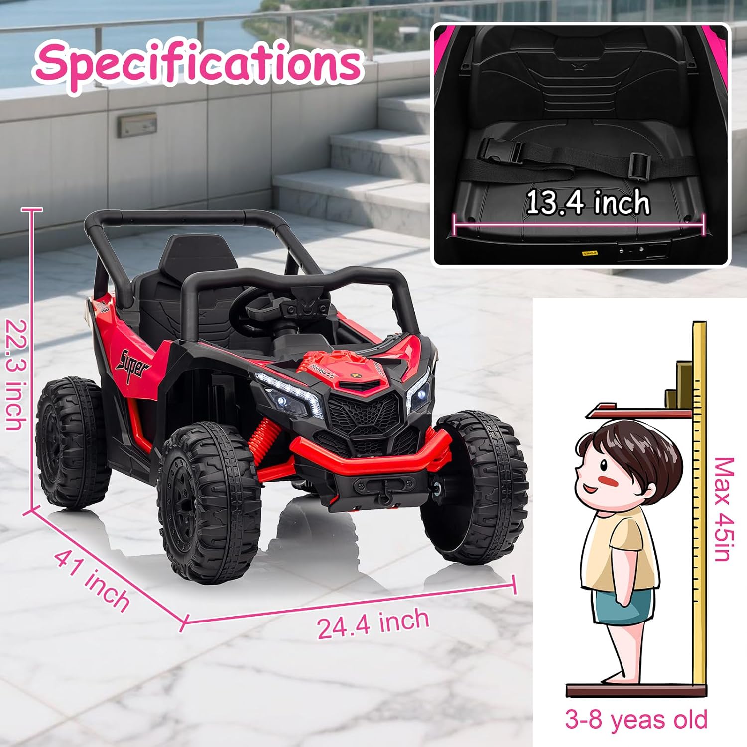 Run Fast 12v Ride on Car with Parent Remote Control,Electric Ride on Toys Car for Kids 3-6,2WD 25W Motors,4 Spring Suspension,Safety Belt,Horn,Music and LED Lights-RED