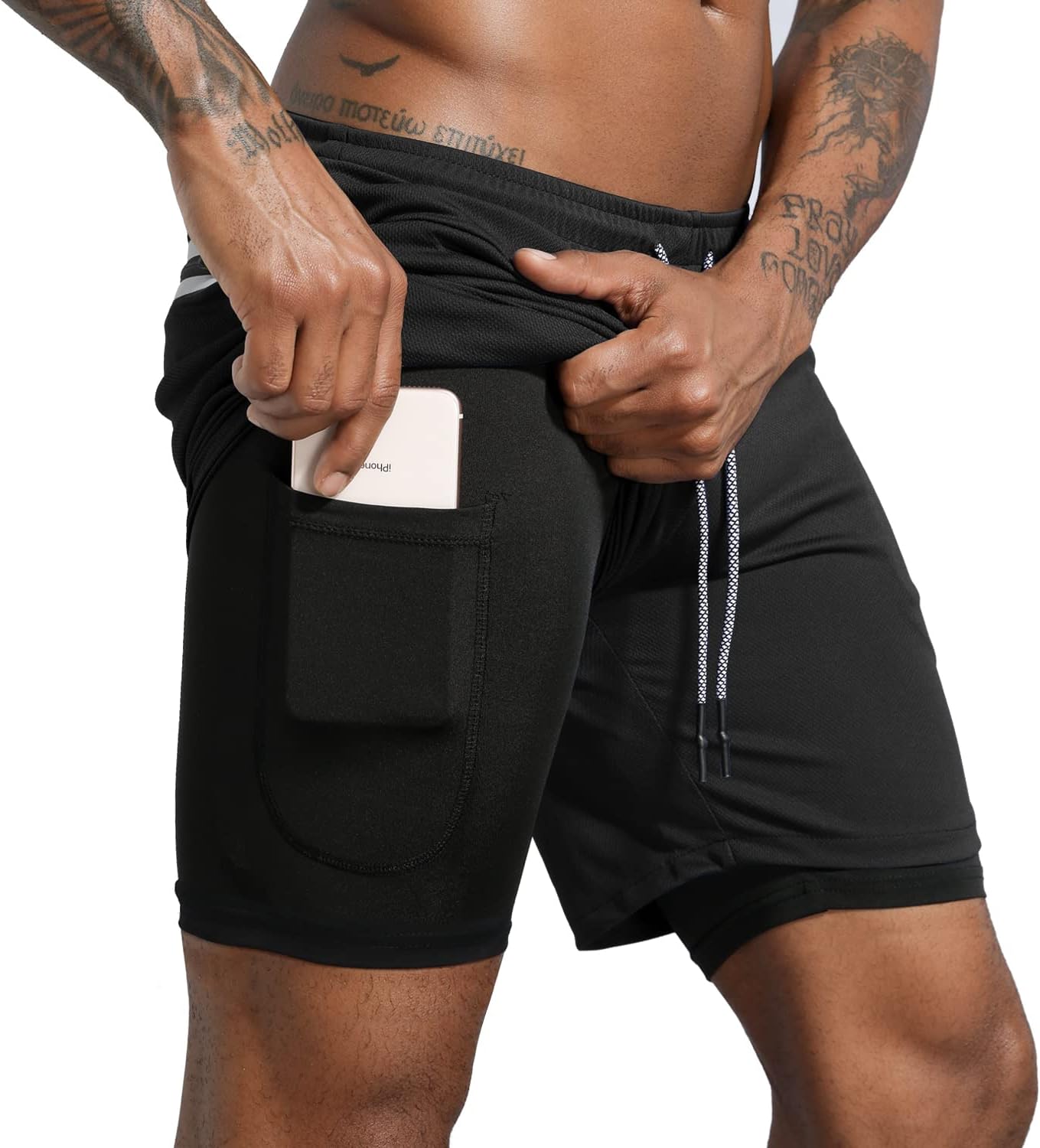 Men's 2 in 1 Workout Running Shorts Lightweight Training Yoga Gym 7" Short with Zipper Pockets