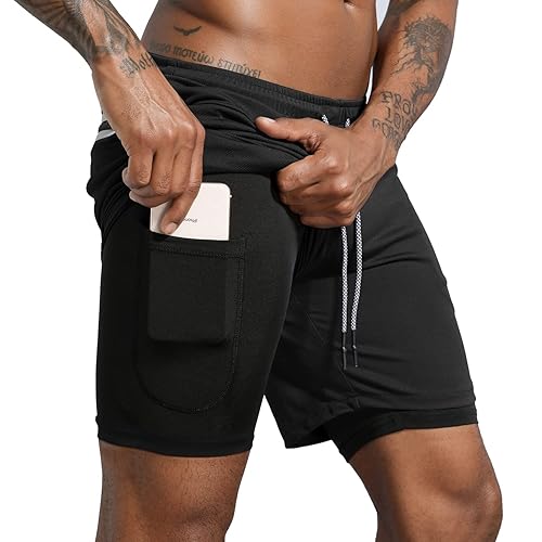 Leidowei Men's 2 in 1 Workout Running Shorts Lightweight Training Yoga Gym 7" Short with Zipper Pockets - Large - Black