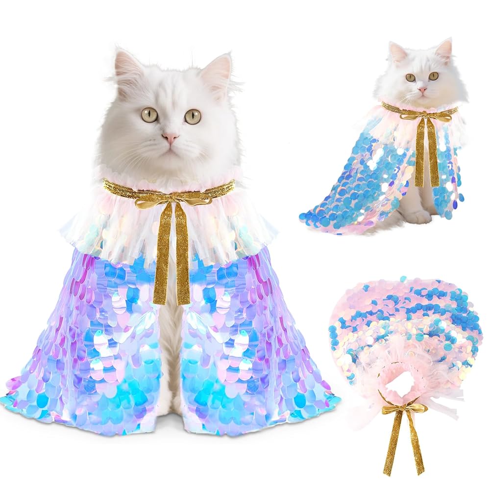 2 Packs Halloween Cat Costumes, Small Funny Sequins Halloween Cat Wizard Cape Adjustable Pet Wizard Cloak for Little Dogs Cats Puppy Halloween Cosplay Party