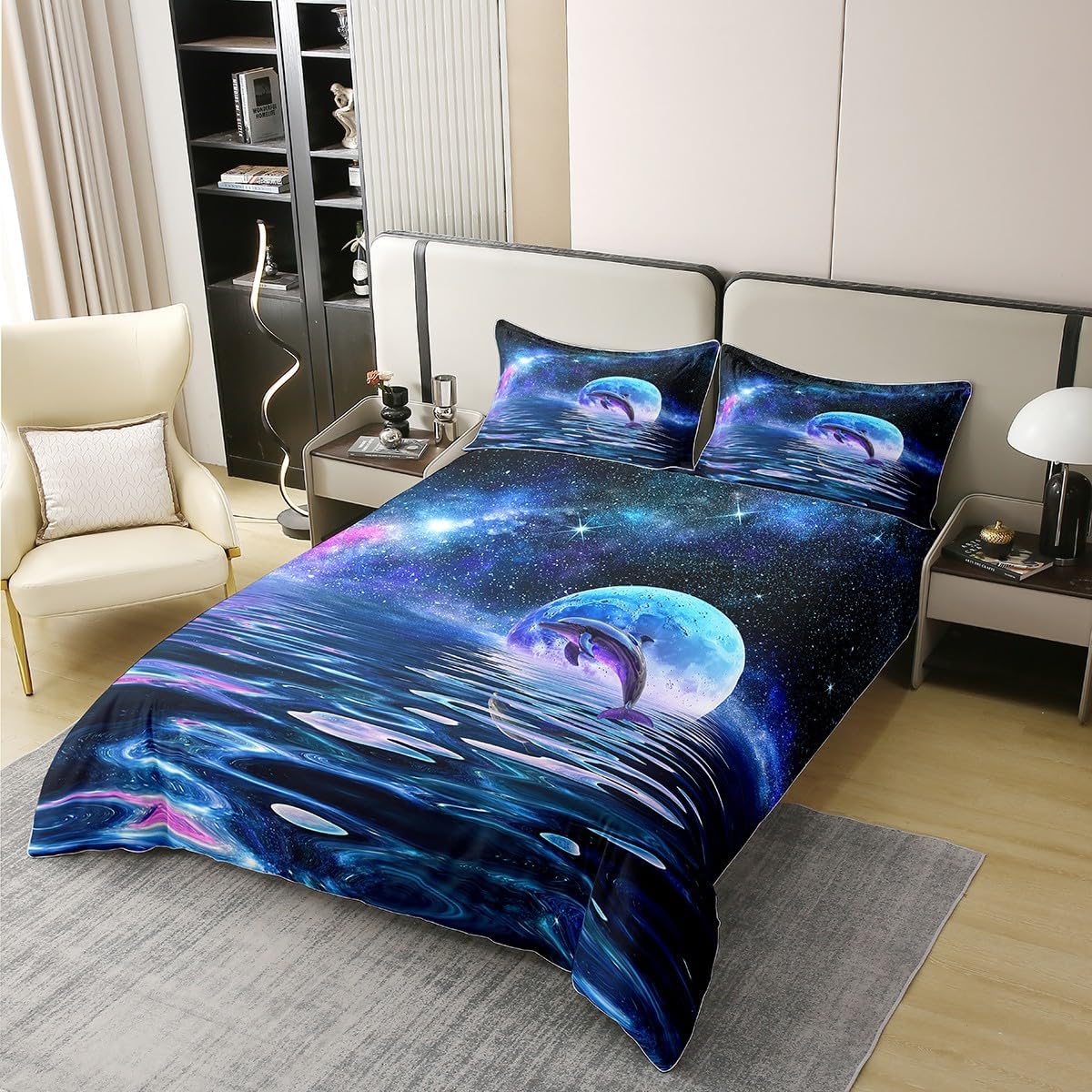 Dolphin Bedding Set Boys Girls Starry Galaxy Moon Duvet Cover Cute Ocean Animal Comforter Cover Kids Bedroom Decor 3Pcs Full 100% Cotton,No Comforter,Dark Blue