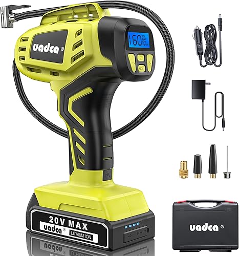Compresor de aire portátil para inflador de neumáticos, bomba de aire de mano de 160 PSI, batería recargable de 20 V, con adaptador de corriente