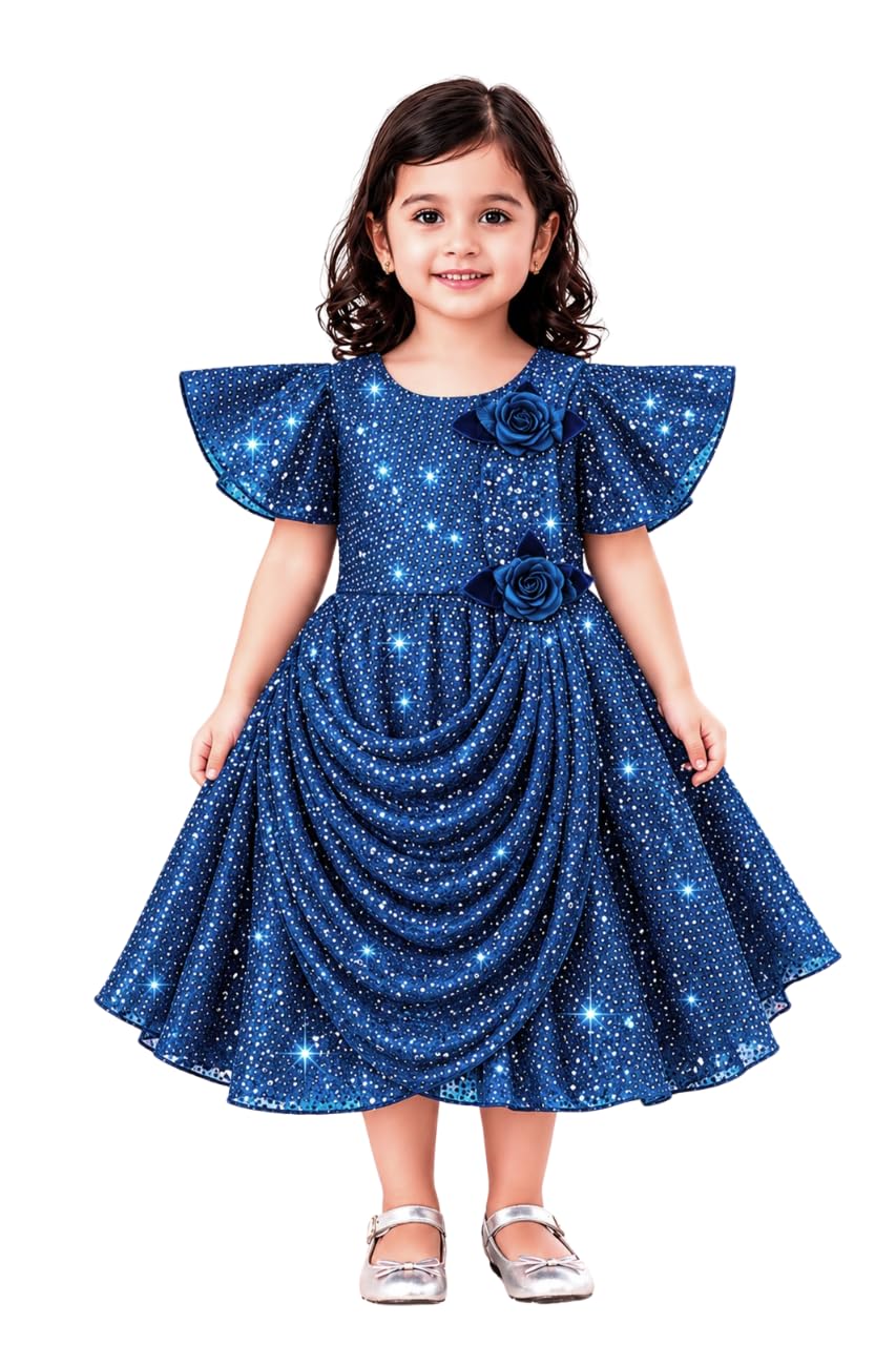 Girls Sequin Party Dress, Flutter Sleeves, Floral Embellishment, Festive Occasion Wear-image-24