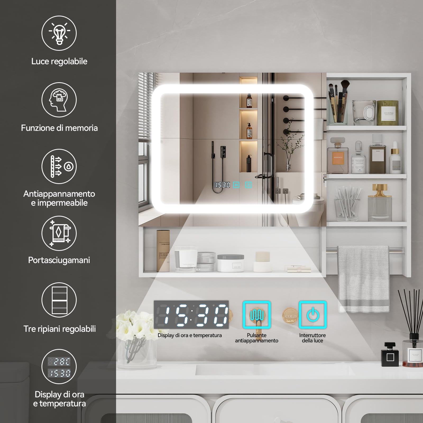 YU YUSING Specchio Contenitore Bagno con Luce, Mobile Bagno Sospeso con LED 80x14x60 cm, Armadietto con Portasciugamani, 3 Modalità di Luce, 3 Ripiani Regolabili, Bianco