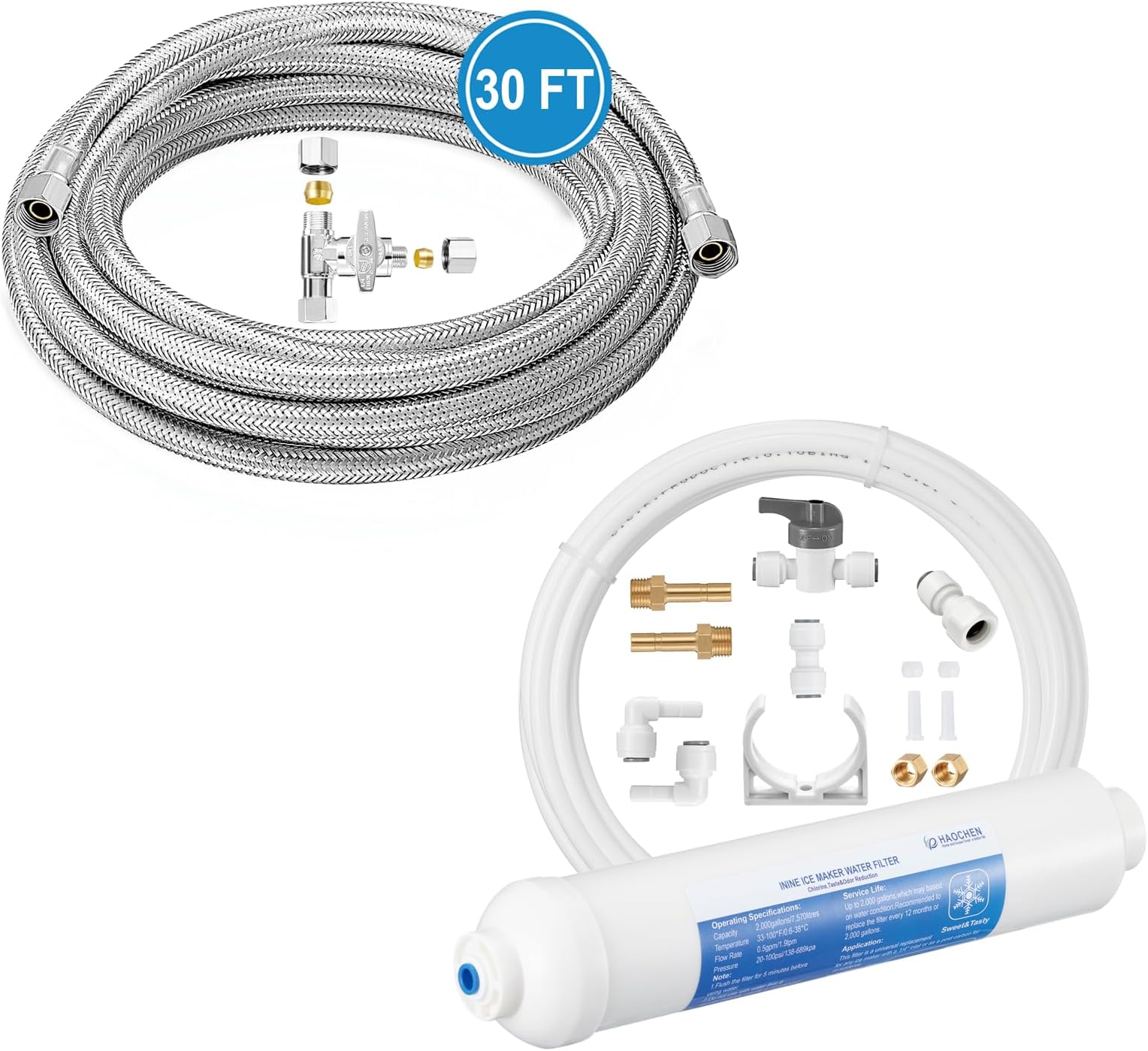 30 FT Stainless Steel Braided Refrigerator Water Line Kit + Inline Water Filter Kit for Ice Maker and Refrigerator
