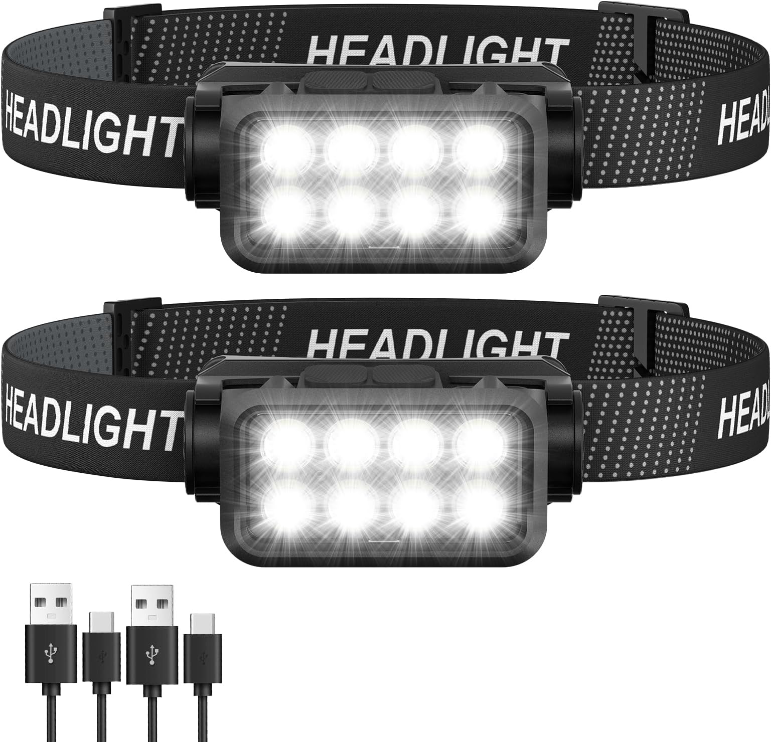 Rechargeable Headlamp Flashlight 2-Pack, 8 LED 2500 Lumen Ultra-Light Bright Headlight with Motion Sensor, Waterproof Lightweight Head Lamp for Adult Kid, Headlamps for Outdoor Camping Running Fishing