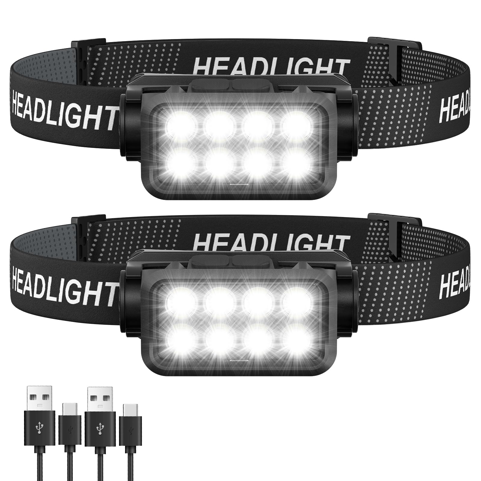 Rechargeable Headlamp Flashlight 2-Pack, 8 LED 2500 Lumen Ultra-Light Bright Headlight with Motion Sensor, Waterproof Lightweight Head Lamp for Adult Kid, Headlamps for Outdoor Camping Running Fishing