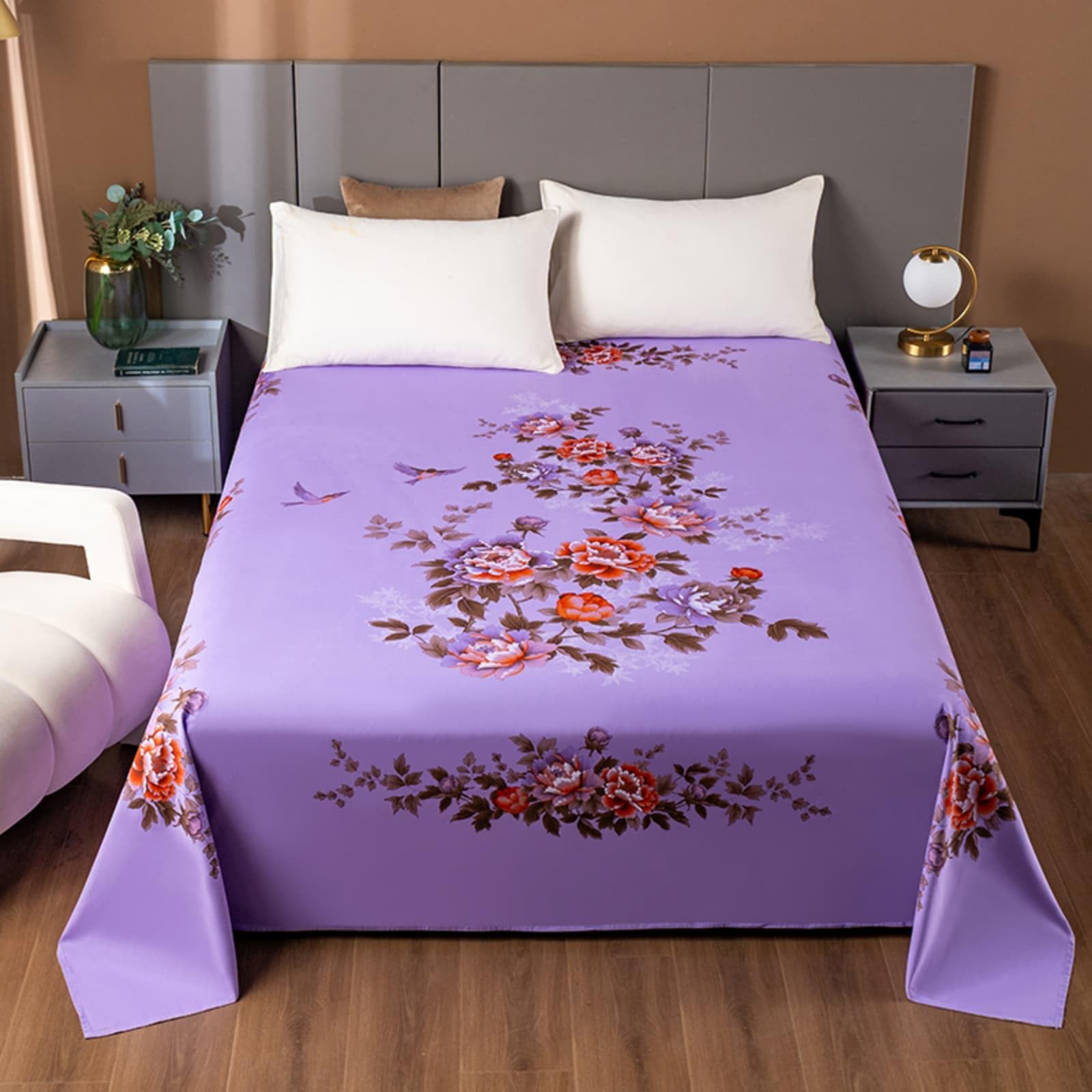 Mateju Bettlaken Baumwolle ohne Gummizug (Lila1,265x245cm) | Pfingstrosen Drucken Bettlaken Weich Atmungsaktiv Betttuch Flachlaken in Vielen Größen Haustuch Sommerdecke für Schlafzimmer
