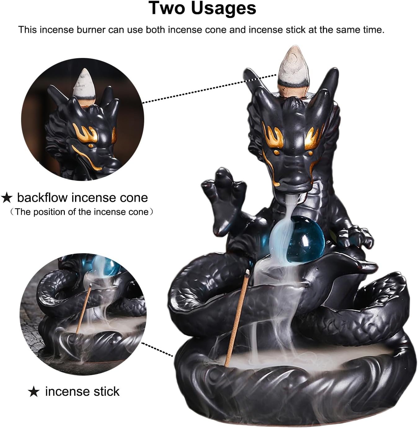 Dragon Shape Incense Waterfall, Ceramic Backflow Incense Holder, Handmade Waterfall Incense Burner with 20 Backflow Incense Cones + 30 Incense Sticks, Home Office Decor