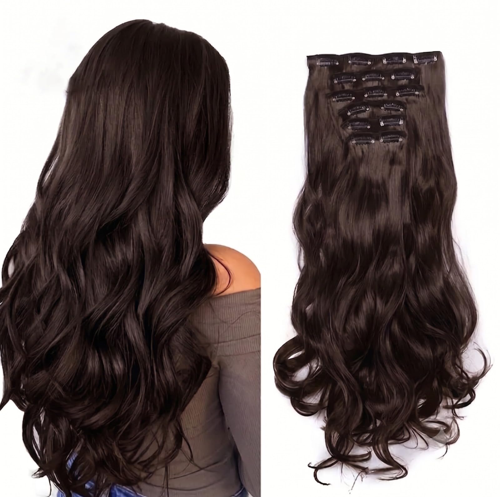 Artifice 6 Pcs 16 Clips Based 24 inch Multi Layered Women Long Curly Wavy Synthetic Hair Full Head Clip in Hair Extensions Pieces NATURAL DARK BROWN