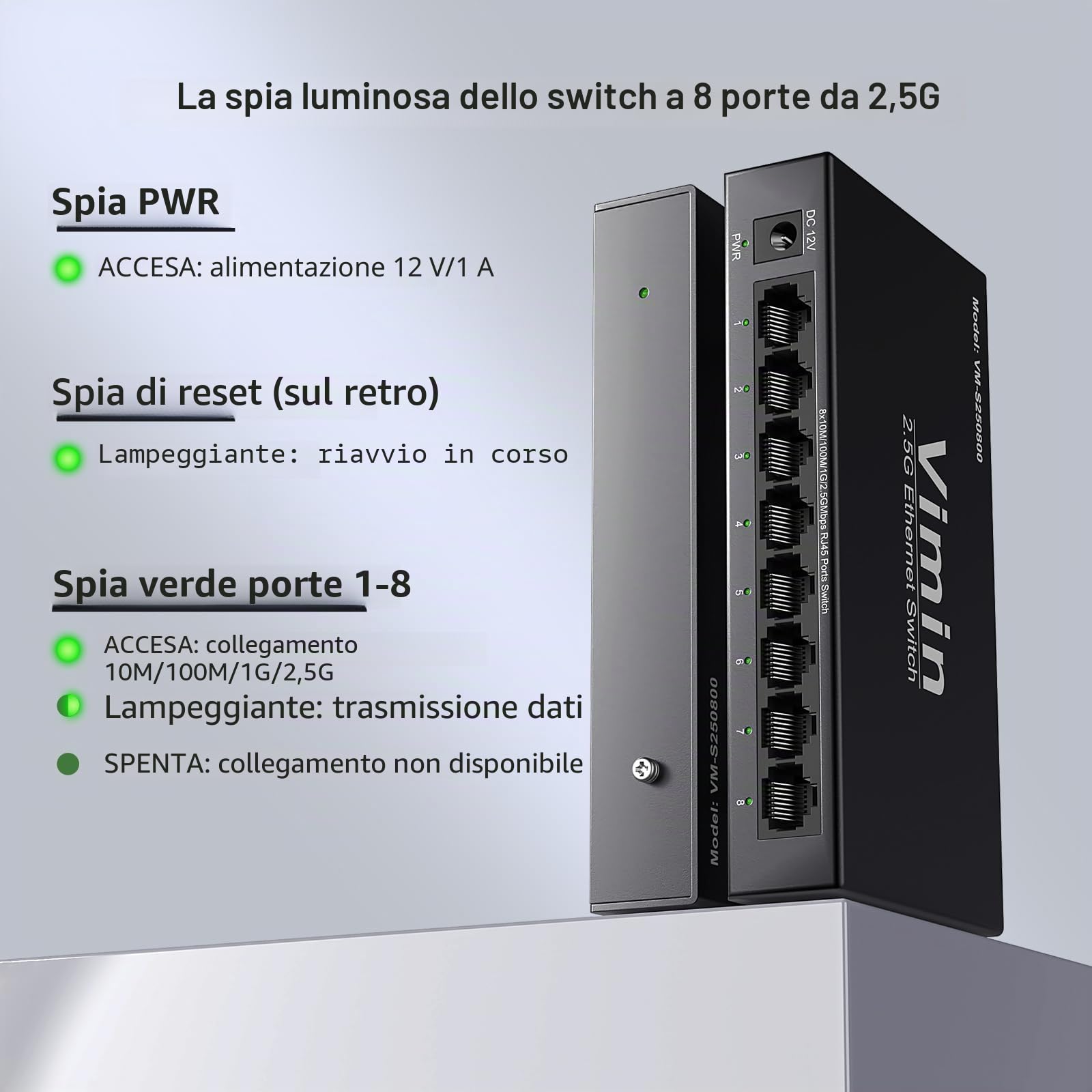 Switch non gestito 2,5G con 8 porte, VIMIN 8x2,5 Gigabit RJ45, Plug&Play, Switch Ethernet 2,5G, in metallo, per montaggio su tavolo o a parete, per reti domestiche e aziendali