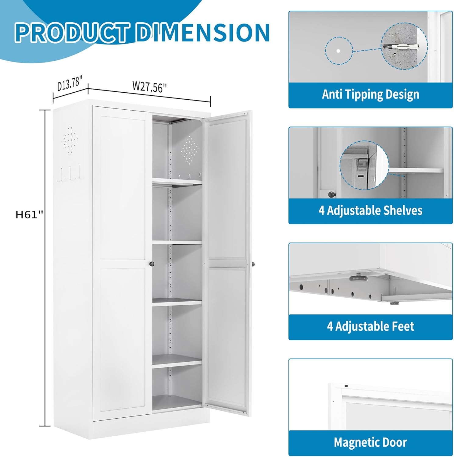 5-Tier White Steel Pantry Storage Cabinet with 2 Doors & 5 Adjustable Shelves, Tall Metal Locker for Kitchen, Living Room, Garage, Heavy Duty Freestanding Utility Cabinet, Assembly Require