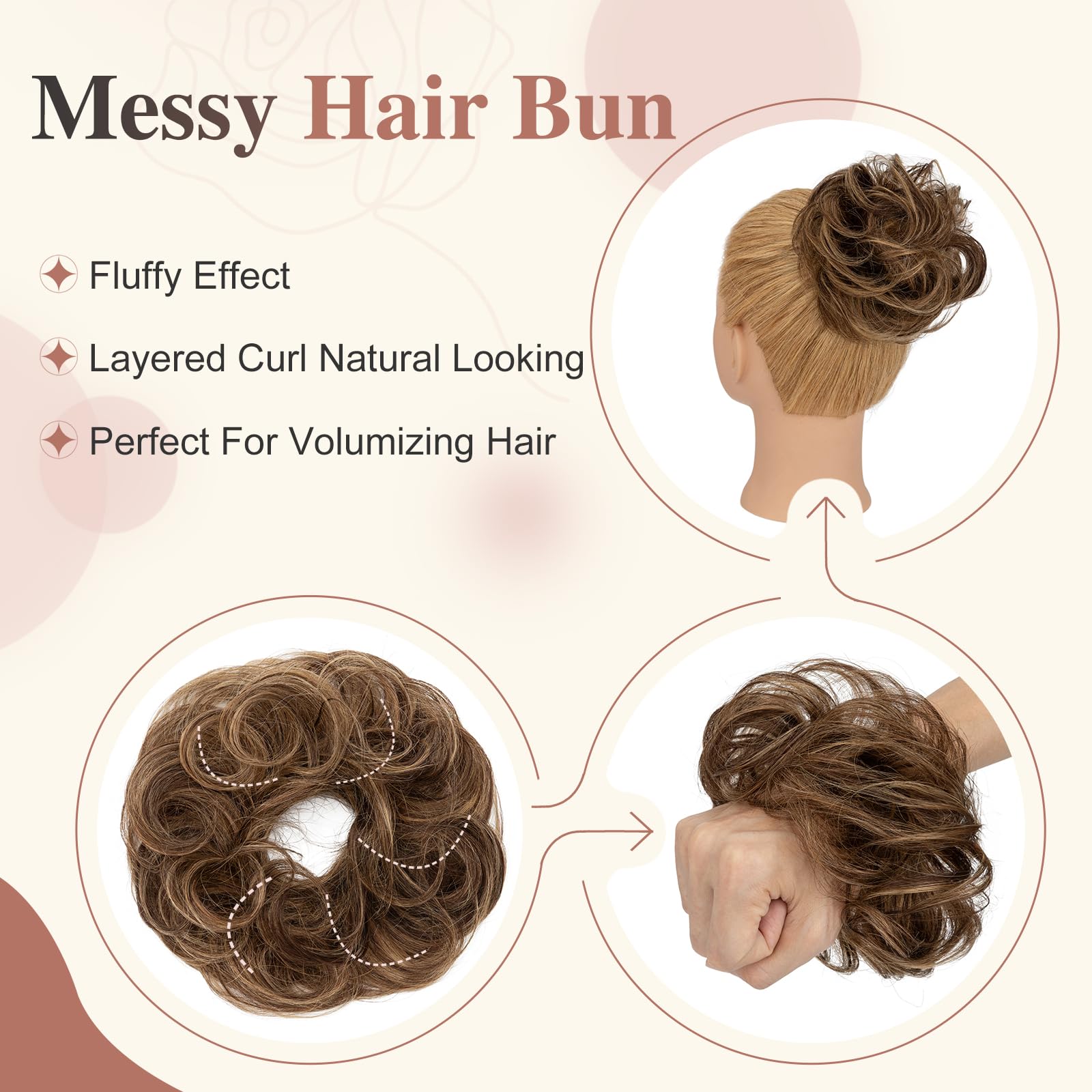 Elailite Messy Hair Buns Scrunchy Updo HairPiece Real Remy Human Hair Extensions Donut Chignons Curly Wavy Highlighted - Image 4