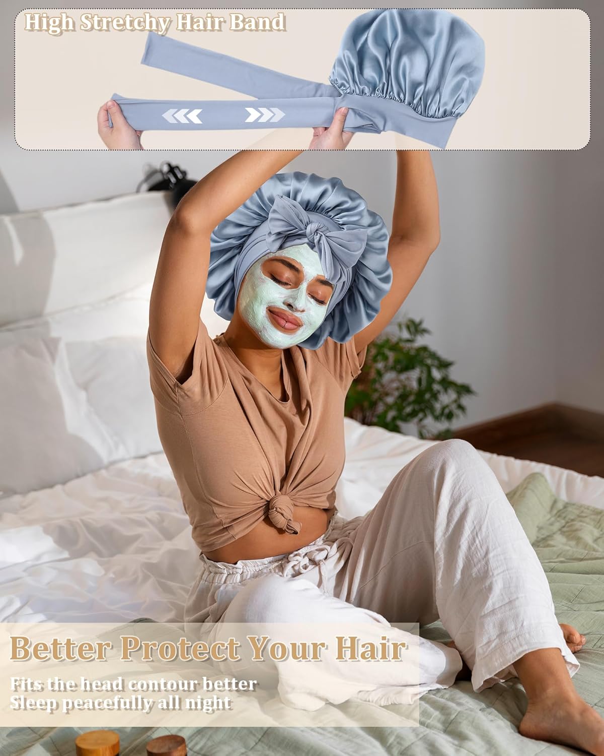 100% Mulberry Silk Bonnet for Women Hair Bonnet for Sleeping with Hair Scrunchy Elastic Tie Band Night Cap(Blue) - Image 4