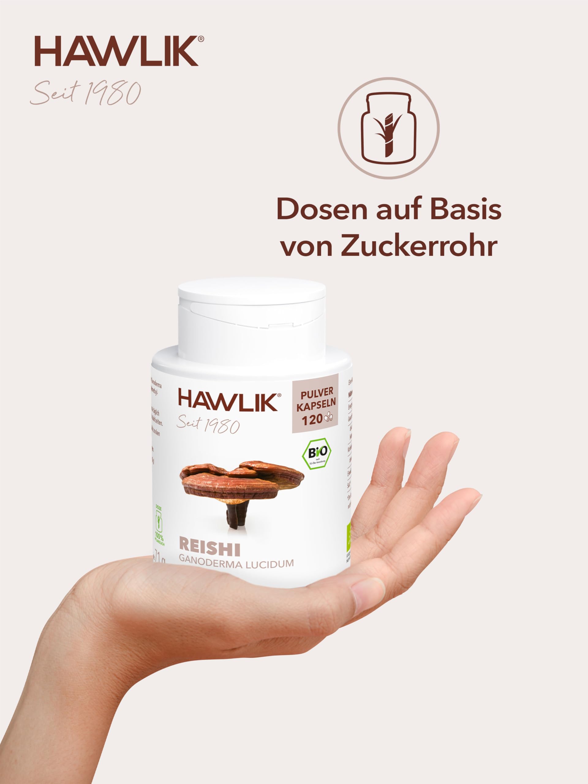 HAWLIK Vitalpilze Bio Reishi Pulver Kapseln - 120 Kapseln - Natürlicher Anbau - Schonende Trocknung - Vegan - Zuckerrohr-Dose