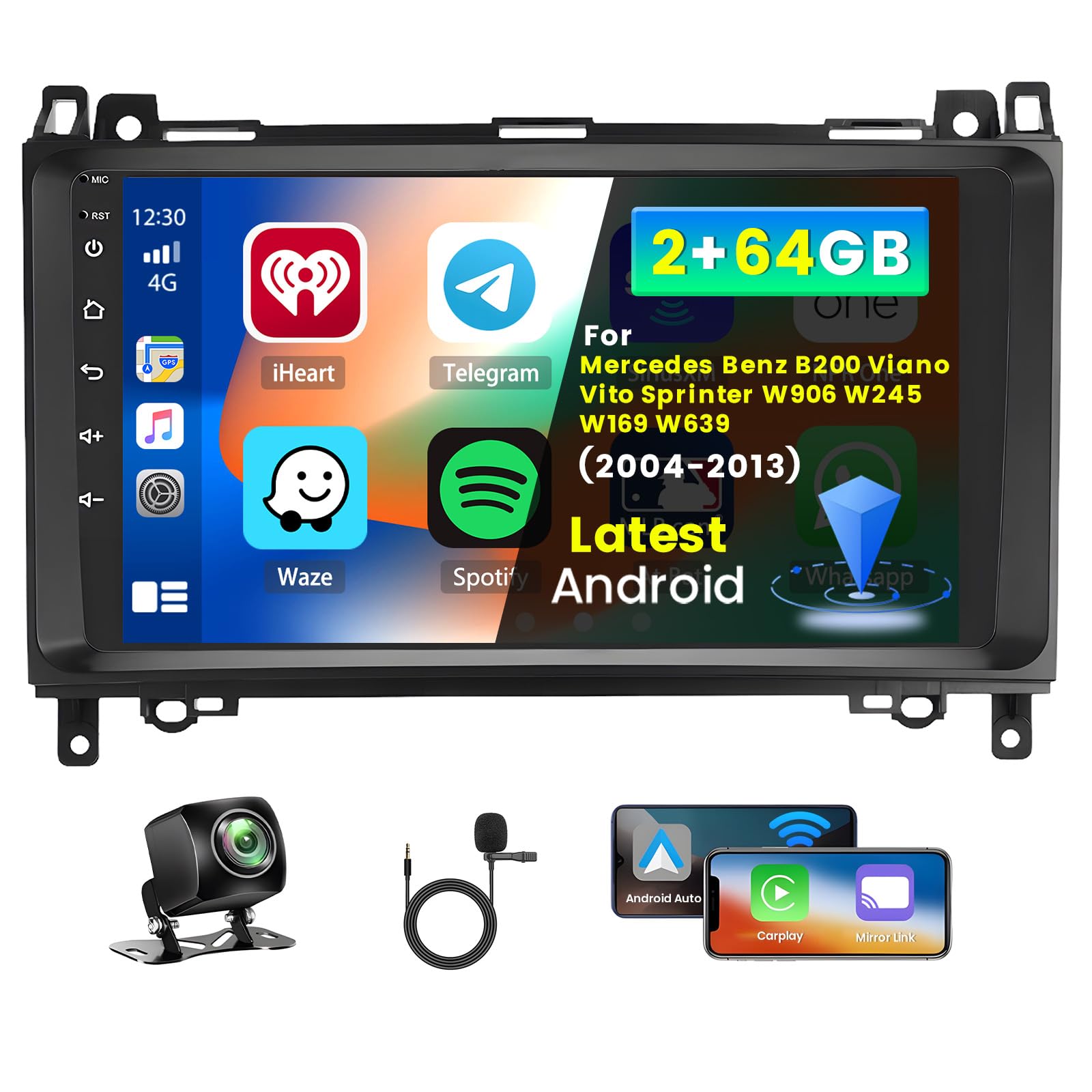 Inefala 2+64G Android 15 CarPlay Radio für Mercedes Benz B-Klasse B200 W245 W169 W639 Vito Viano W906 Sprinter, 9 Zoll Touchscreen mit Wireless CarPlay und Android Auto, GPS Navigation Link Spiegel
