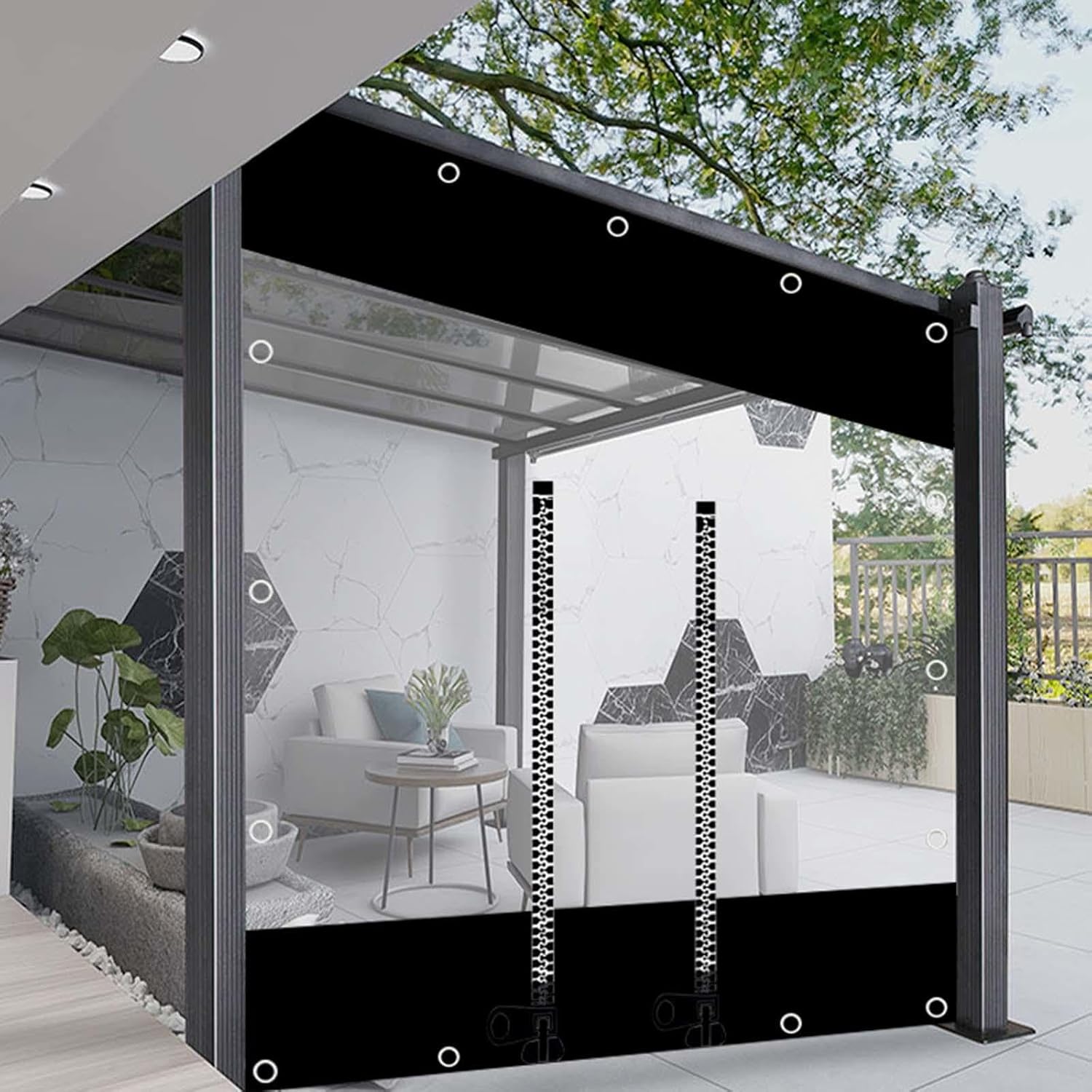 Outdoor Transparent Tarpaulin Side Panels, PVC Tarpaulin with Zipper, 3x2.2m/3x2.5m, Windproof, Warm, Waterproof Vinyl Panel Curtains, 0.3mm Thick,Black-1.2x1.8m/3.9x5.9ft