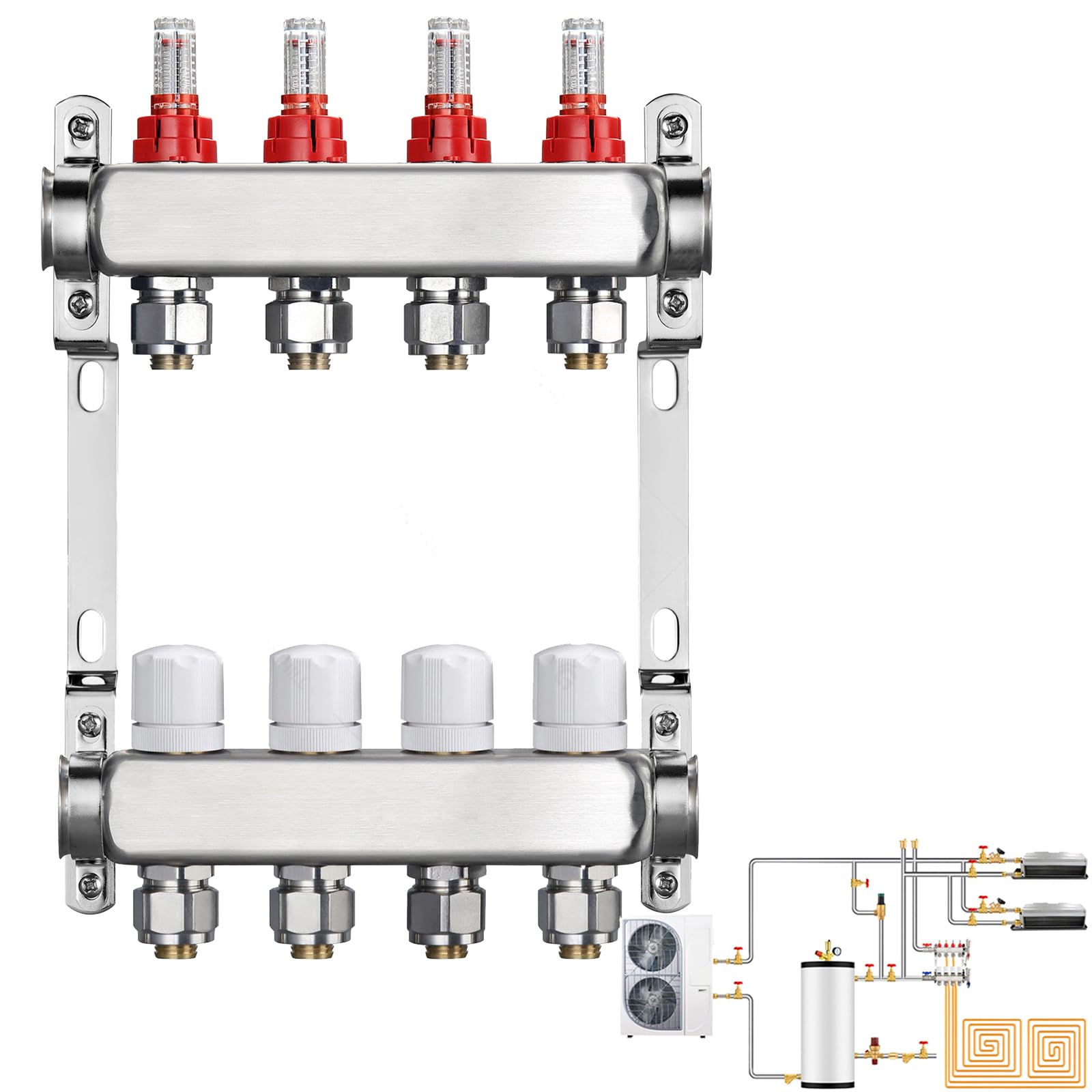 Distributore Circuito Riscaldamento, Misuratore Portata 4 Circuiti Riscaldamento Pavimento Impianto Riscaldamento Pavimento Acciaio Inox Con Flussometro Senza Valvola Sfera Filettatura Esterna 3/4"