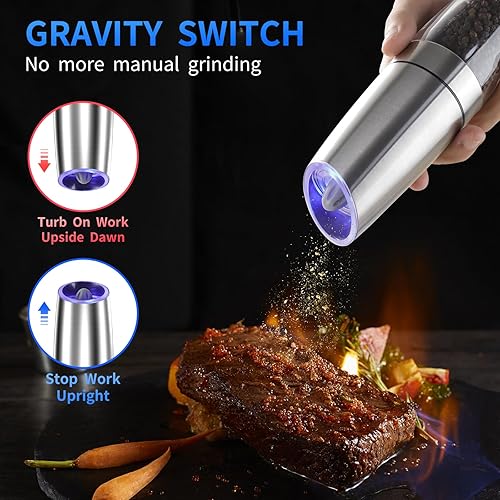 Miniatura 6 de Gravity - Juego de 2 molinillos eléctricos de sal y pimienta, grosor ajustable, molinillo automático, funciona con pilas con luz LED azul, funciona