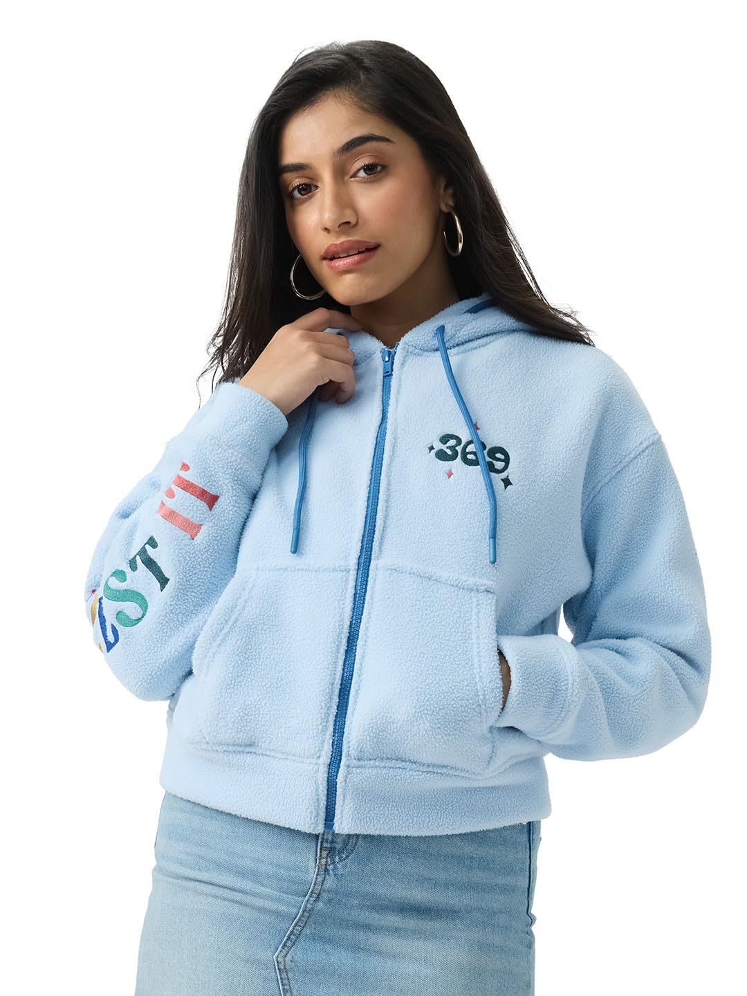 Manifest It Women and Girls Long Sleeve Hooded Neck Light Blue Typography Print and Embroidered Polyester Oversized Fit Zipper Hoodie-image-43