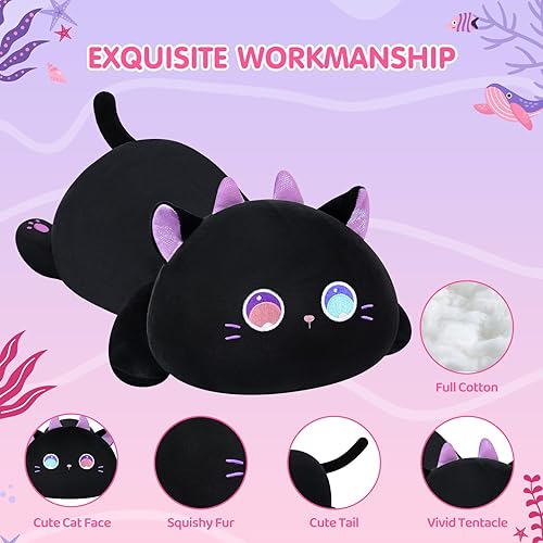 Miniatura 4 de Linda almohada de felpa de gato, peluche Kawaii de ojos grandes morados, peluches esponjosos, almohada corporal para niños y niñas (13 pulgadas)