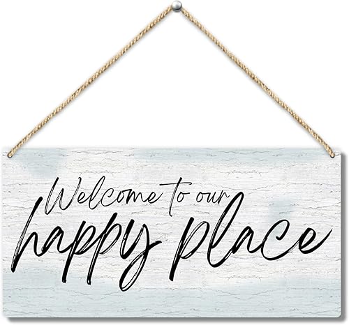 Miniatura 1 de Letrero colgante de madera rústica con texto en inglés "Welcome to Our Happy Place", placa de madera para casa de campo, sala de estar, hogar,