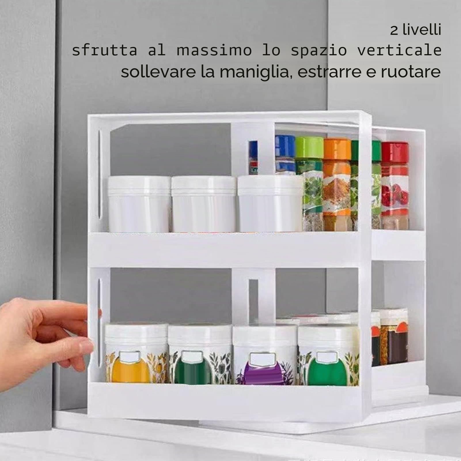 Buachois Cestello Estraibile, 2 Livelli Design Scorrevole Porta Spezie Verticale di Grande Capacità, Organizzatore per Alimenti Girevole Estraibile Antiscivolo