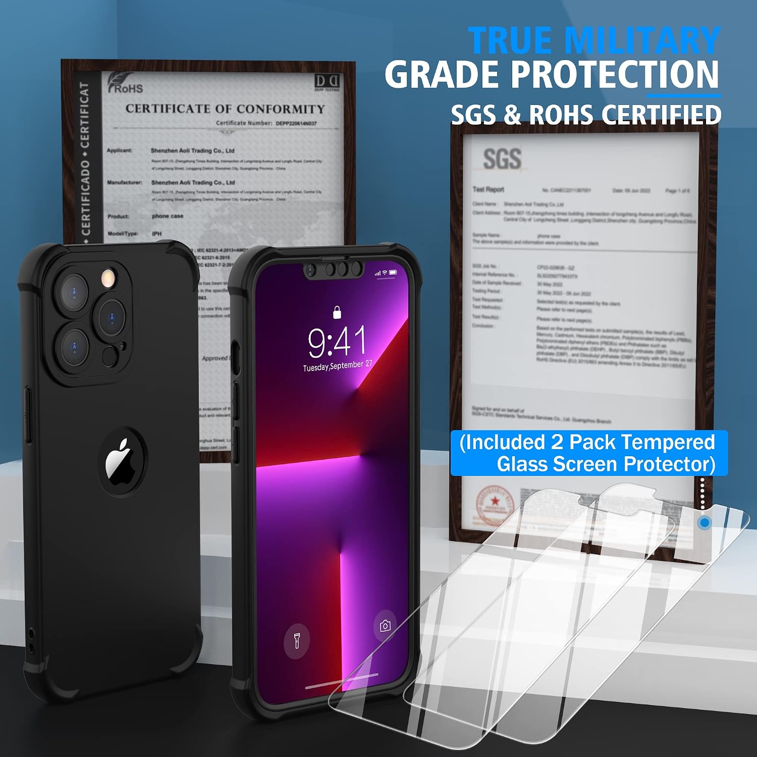 ORETECH for iPhone 13 Pro Max Case, with [2 x Screen Protectors] [10 Ft Military Grade Drop Test] [Camera Protection] 360° Shockproof Slim Thin Phone Case iPhone 13 Pro Max Cover 6.7'' - Black