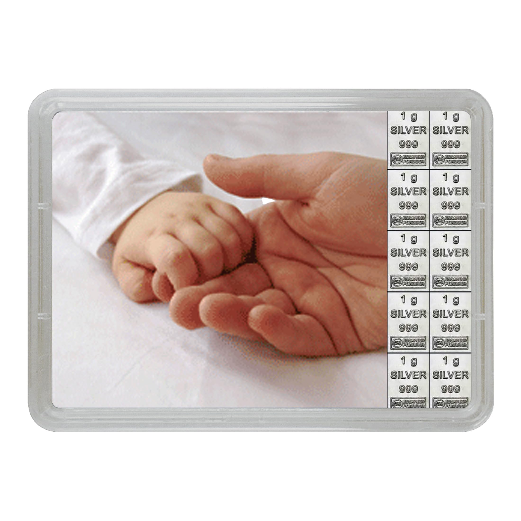 Silberbarren zur Geburt in Flip-Motivbox „Alles Gute“ von Silberstücke24 – Feinsilber 999 CombiBar – Geschenkfertig für Baby & Neugeborene (10g Silber)