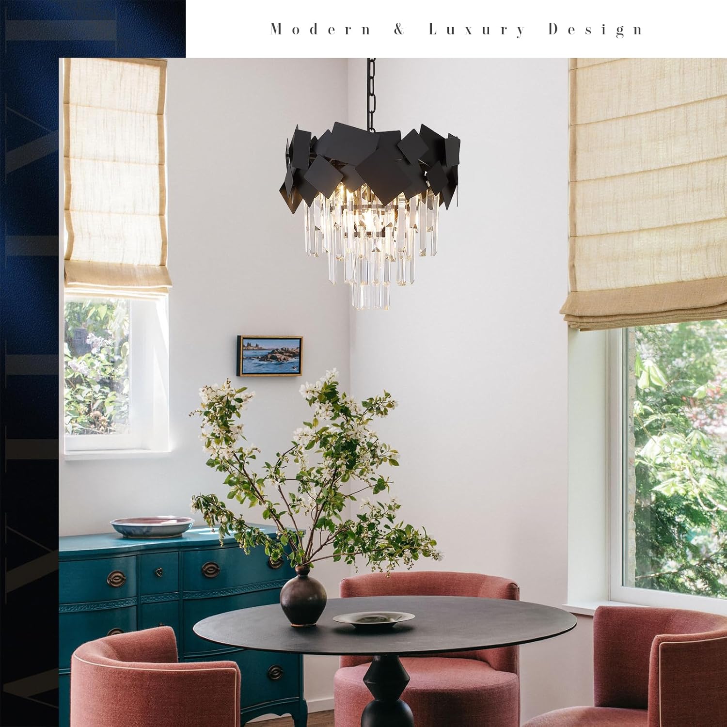 Modern Crystal Chandeliers 16” Black Chandeliers Ceiling Pendant Light Fixture for Kitchen Island Entry Light Dimmable Small Flush Mount Chandeliers Round for Foyer Entryway Dining Room Hallway