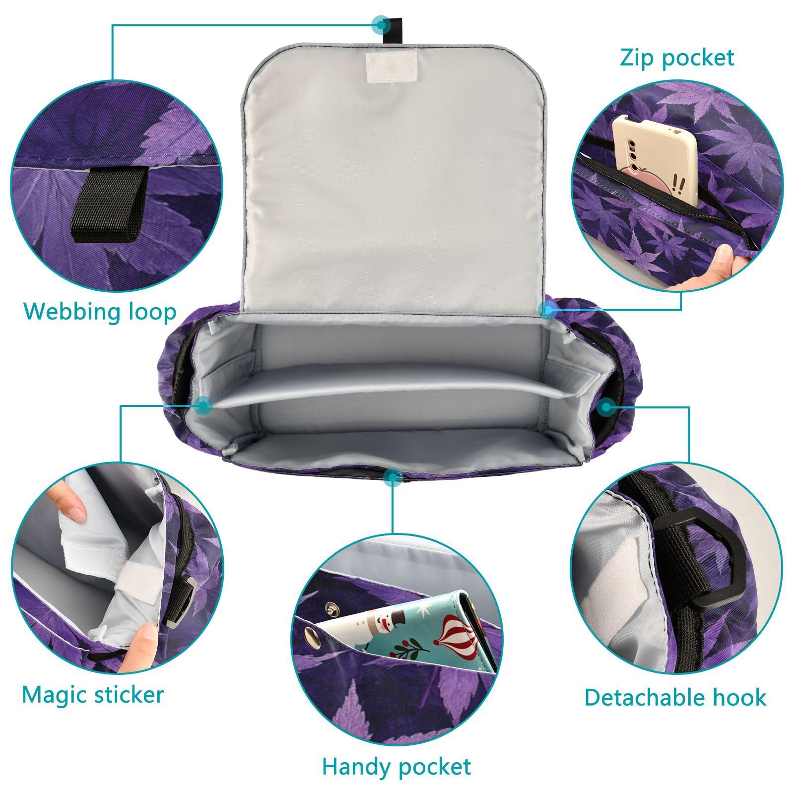 miaozhen Dark Purple Maple Leaves stroller console organizer diaper caddy webbing loop carrito para carrito para