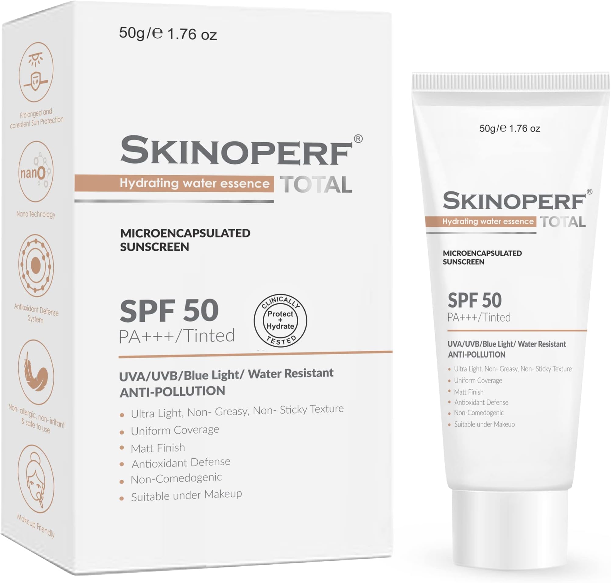 Skinoperf Total Hydrating Water Essence Microencapsulated Tinted Sunscreen-50Gm (Spf 50/Pa+++), All