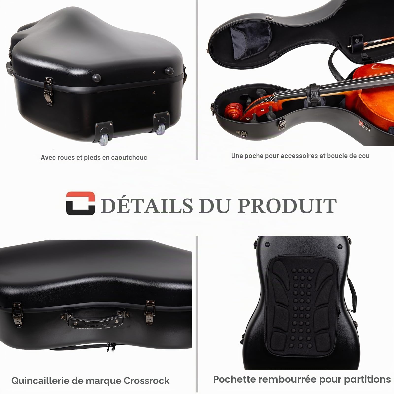 Valise rigide Poly Carbon pour violoncelle 4/4 | Coque noire résistante aux rayures, intérieur velours noir, roulettes, pochette à partitions – Série Protection Légère