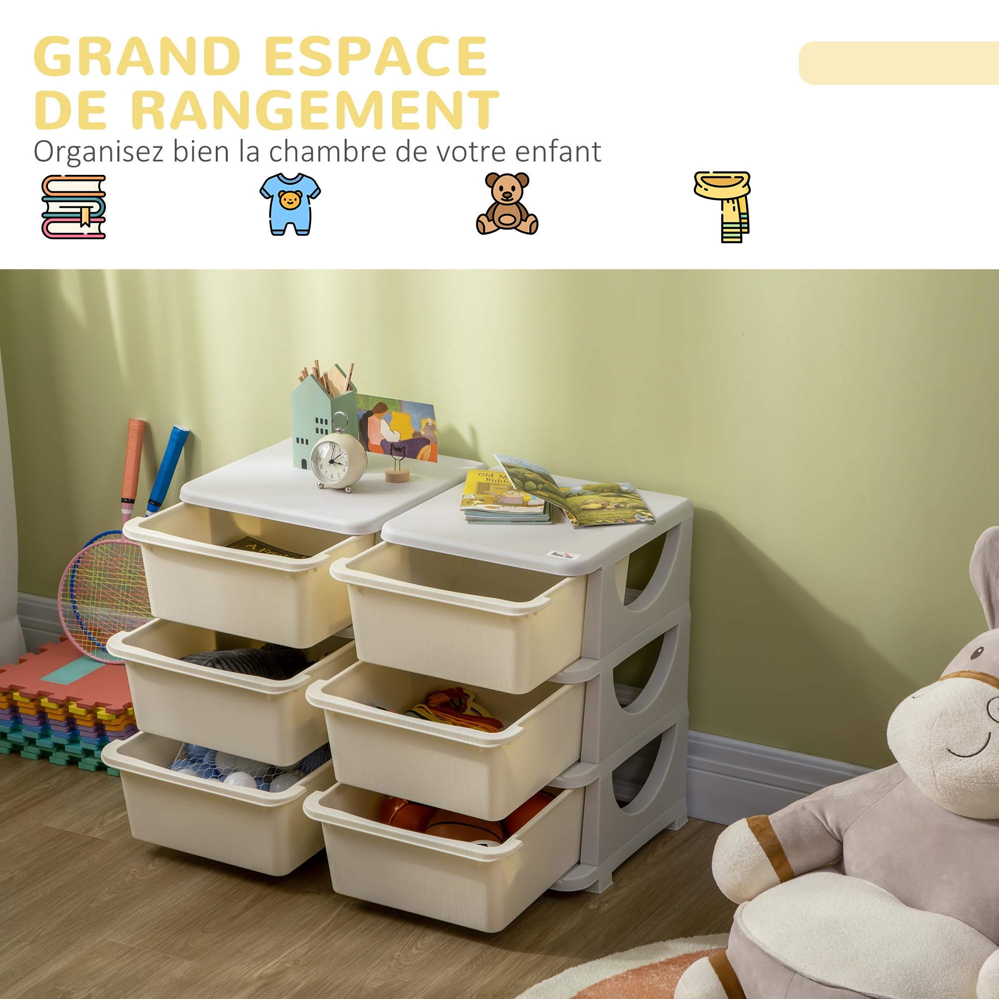 HOMCOM Tour de Rangement en Plastique pour Enfants à 3 Niveaux avec 6 tiroirs, boîtes de Rangement, tiroirs Rangement Jouet pour Chambre d'enfant, crèche, Salon, pour garçons et Filles 3-6 Ans, crème