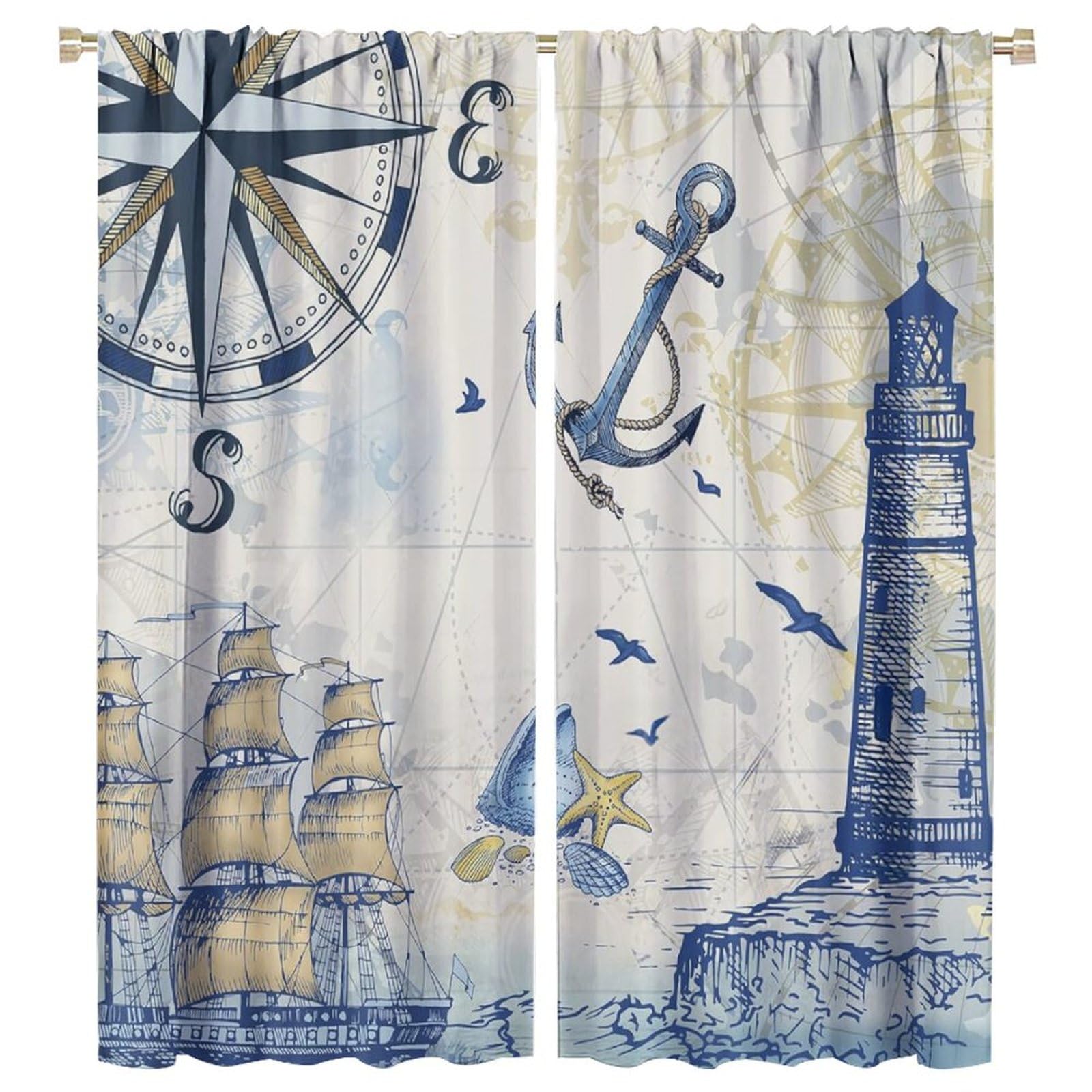 SHElifestyle Nautical Window Curtains, Rustic Vintage Sailboat Window Treatments Lighthouse Compass Anchor Window Drapes for Bedroom Living Room